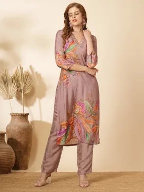 Abstract Floral Printed & Mirror Embroidered Straight Fit Kurta with Pant - Lavender