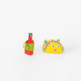 Asymmetrical Cloisonné Stud Earrings - Taco and Hot Sauce