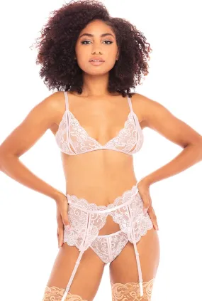 Baby Pink Lace Tri Bra & Suspender Belt Set