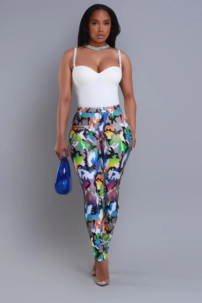 Can't Survive Faux Leather High Rise Pants - Rainbow Camo