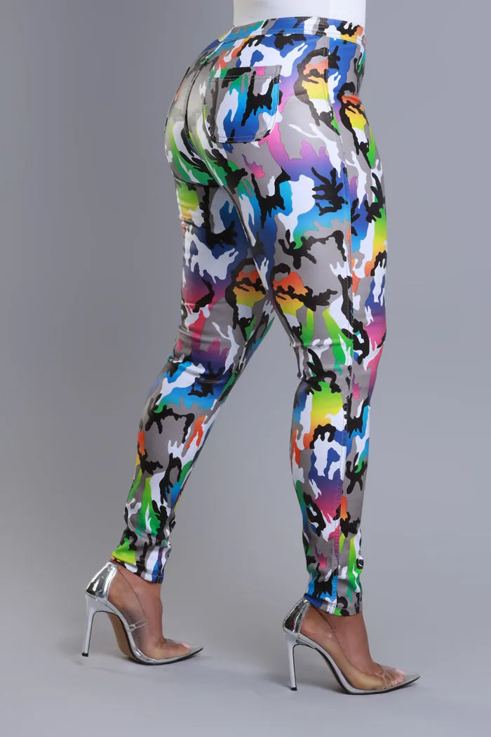 Can't Survive Faux Leather High Rise Pants - Rainbow Camo