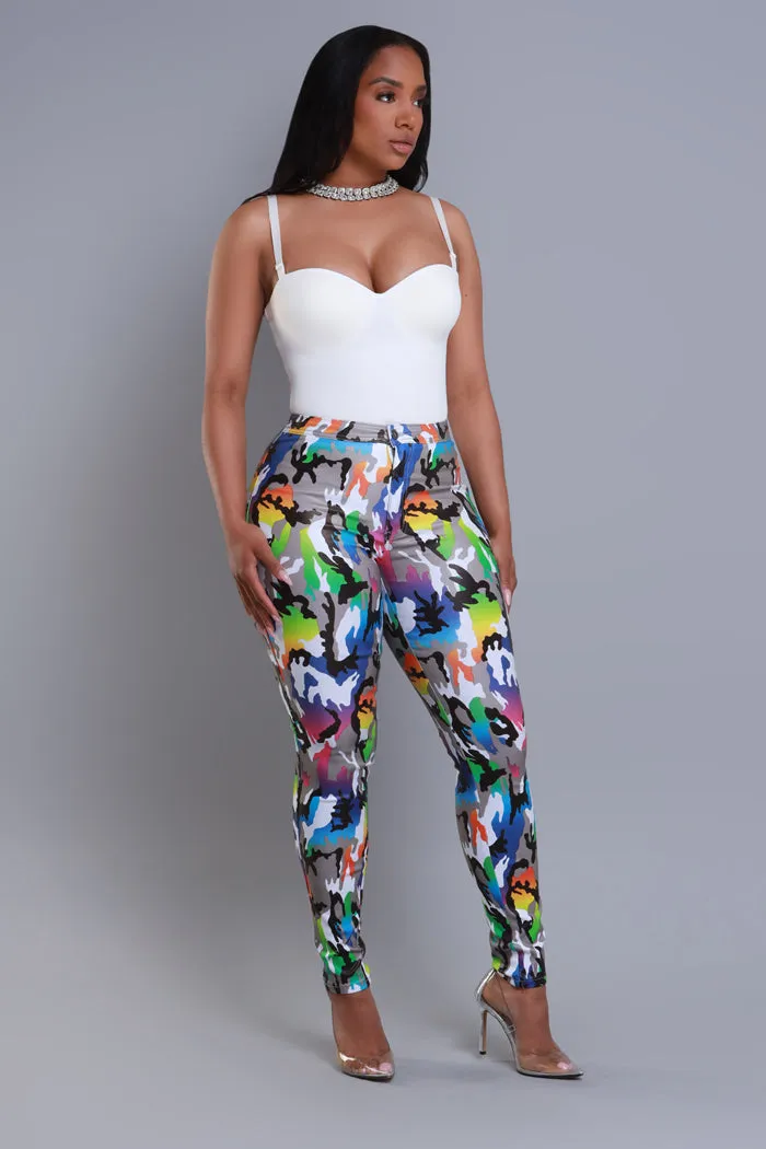 Can't Survive Faux Leather High Rise Pants - Rainbow Camo