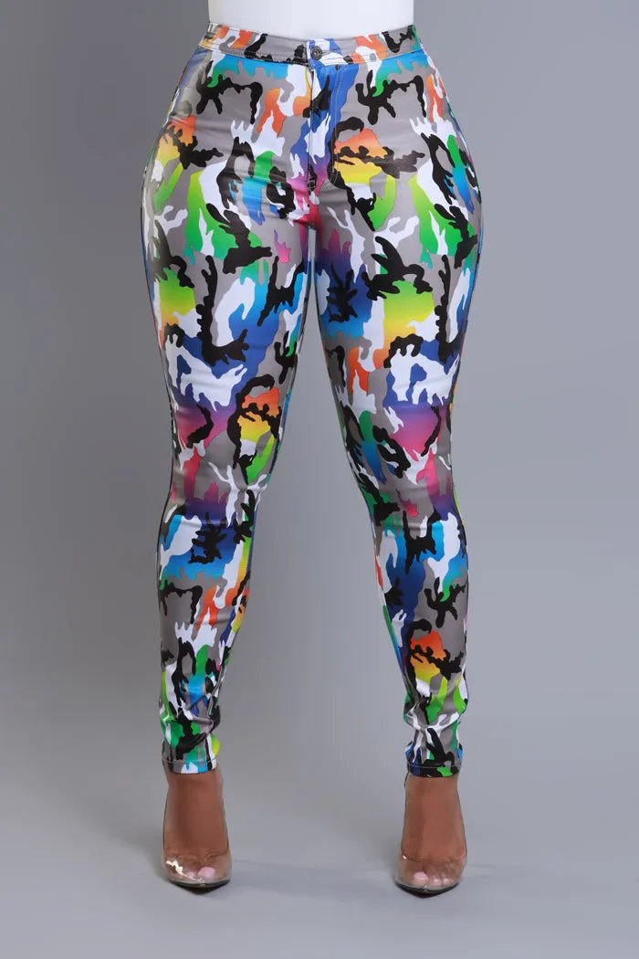 Can't Survive Faux Leather High Rise Pants - Rainbow Camo