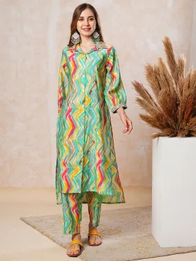 Ethnic Chevron Foil Printed & Zari Embroidered Straight Fit Co-ord Set - Multi