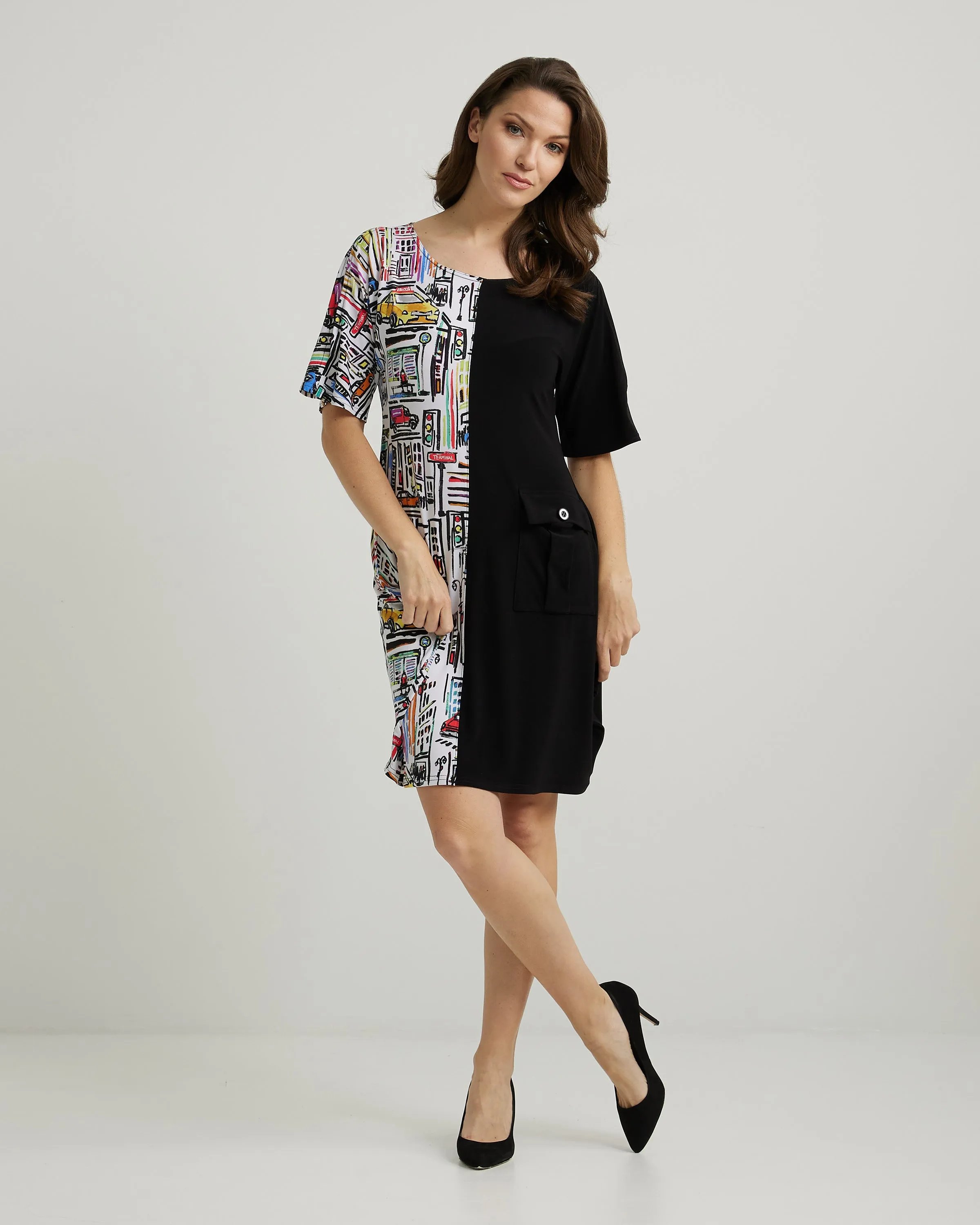 Joseph Ribkoff Sale, 222090 Urban Print Dress, 50% Off Regular Price