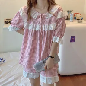 Kawaii Lace Ruffles Plaid Pajamas