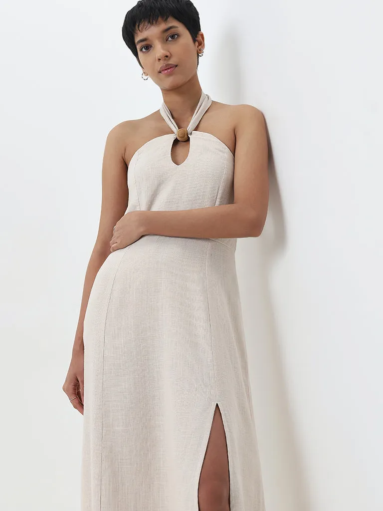 LOV Beige Off-Shoulder Blended Linen Dress