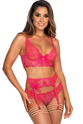 Luxury Women's Pink Lace Bra, Grstring & Garterbelt Set