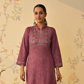 Mauve Kutch Embroidered Woollen Kurta