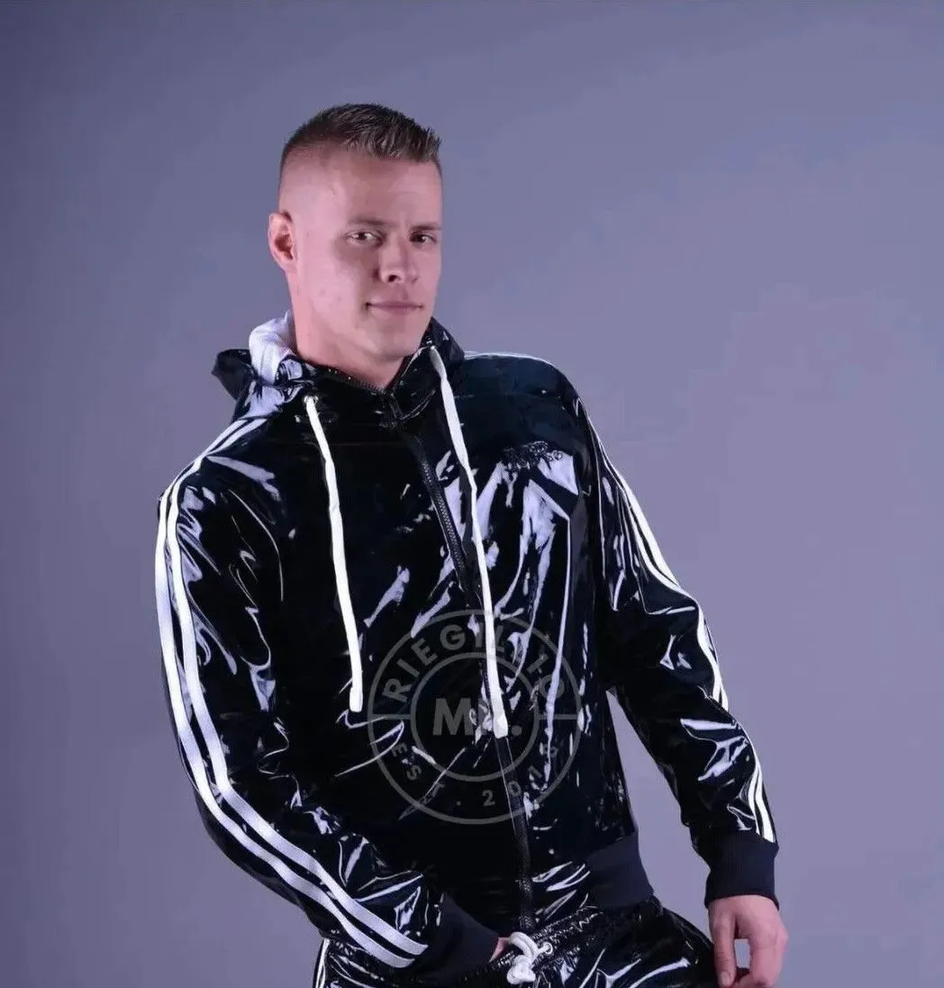 MR. RIEGILLIO PVC Tracksuit Jacket hoodies Glossy Shiny Black & White Stripes