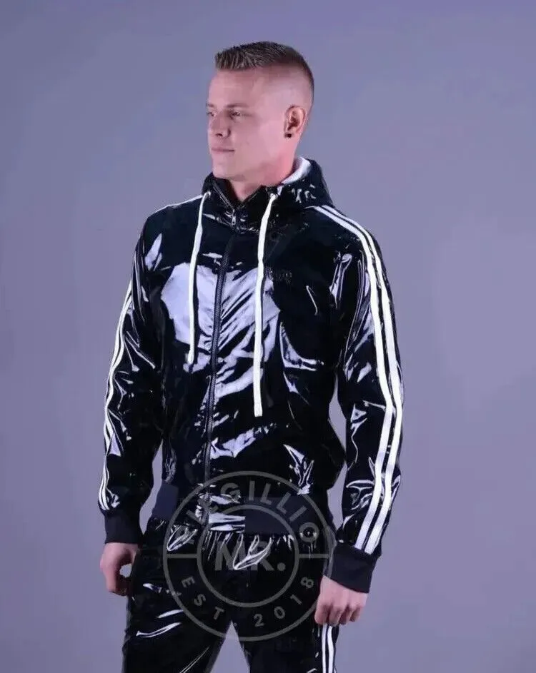 MR. RIEGILLIO PVC Tracksuit Jacket hoodies Glossy Shiny Black & White Stripes