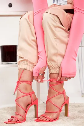 Neon Pink Patent Lace Up Thin Block Heels - Tiffie