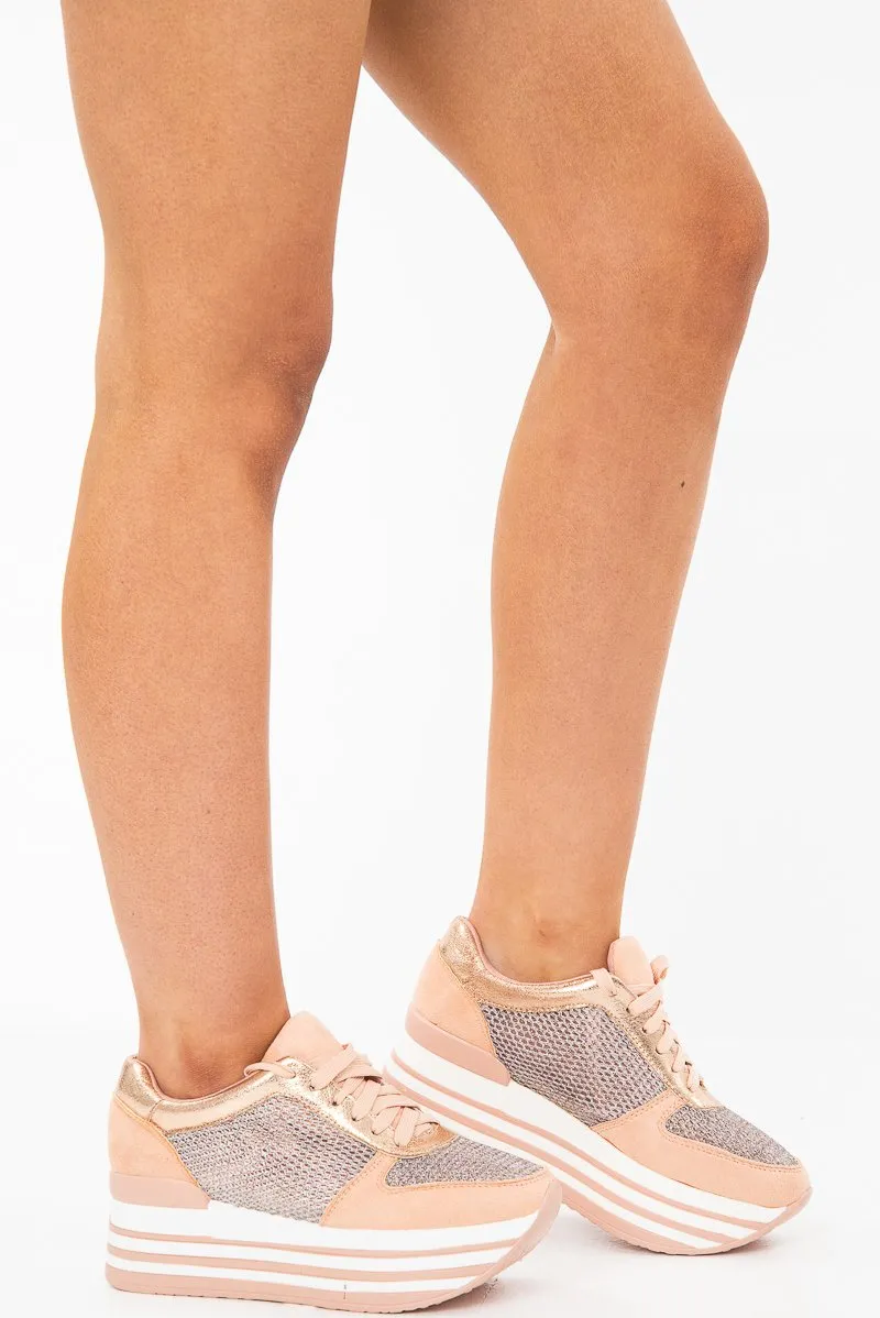 Pink Glitter Mesh Lace Up Platform Trainers - Hennie