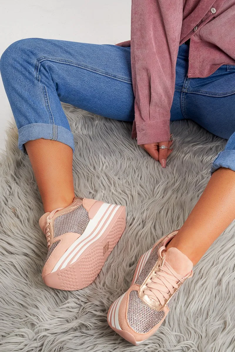 Pink Glitter Mesh Lace Up Platform Trainers - Hennie