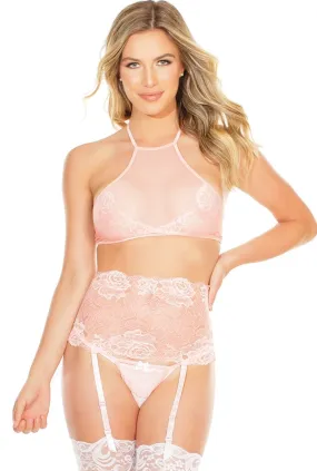 Pink Lace Halterneck Bra & Garter Belt Set