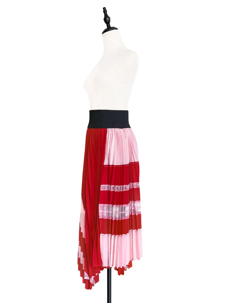 Surprise Sale! Red Shades Mesh Panels Pleated Handkerchief Hem Skirt