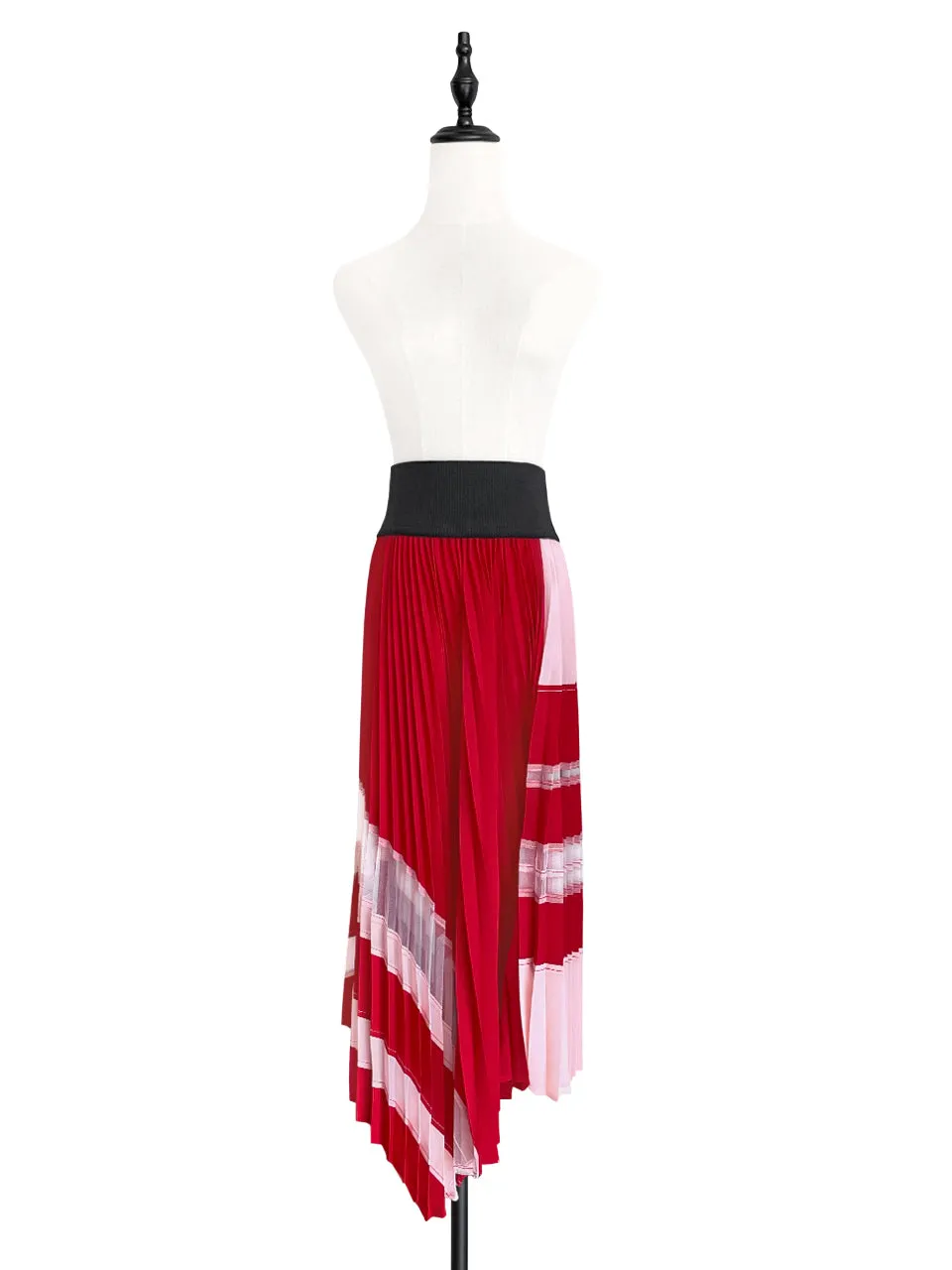 Surprise Sale! Red Shades Mesh Panels Pleated Handkerchief Hem Skirt