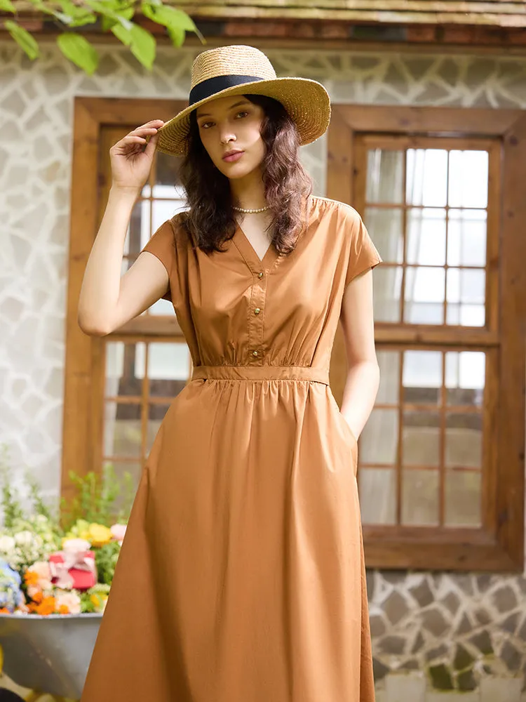 V-Neck Gathered Waist Women Maxi Dress