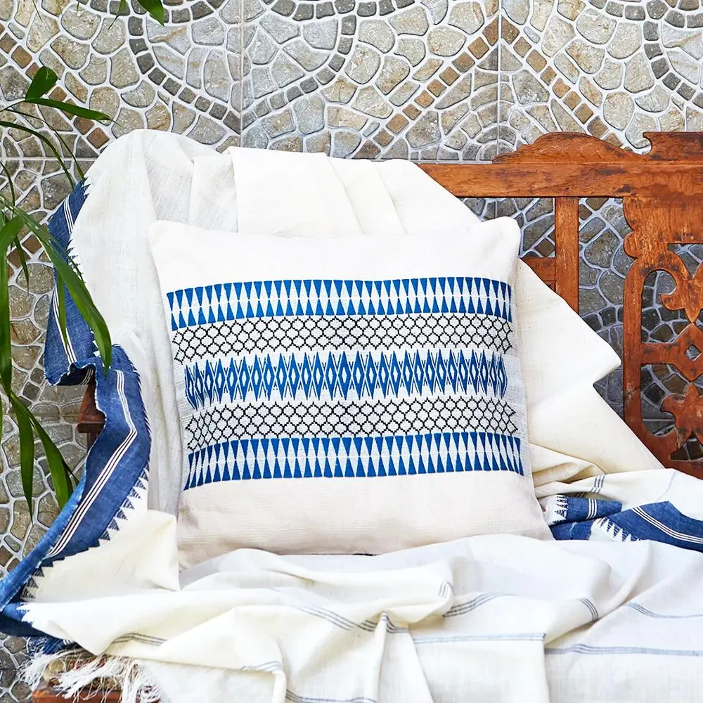 White Cushion Cover With Blue Patterns In Pure Cotton | 16" x 16" | Set Of 1/2 | Handmade In India