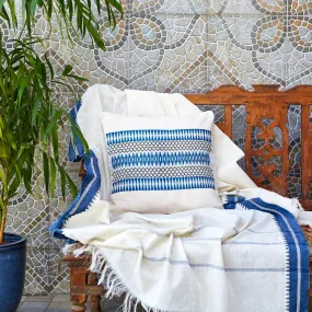 White Cushion Cover With Blue Patterns In Pure Cotton | 16" x 16" | Set Of 1/2 | Handmade In India