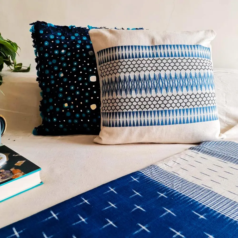 White Cushion Cover With Blue Patterns In Pure Cotton | 16" x 16" | Set Of 1/2 | Handmade In India