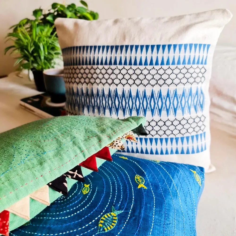 White Cushion Cover With Blue Patterns In Pure Cotton | 16" x 16" | Set Of 1/2 | Handmade In India