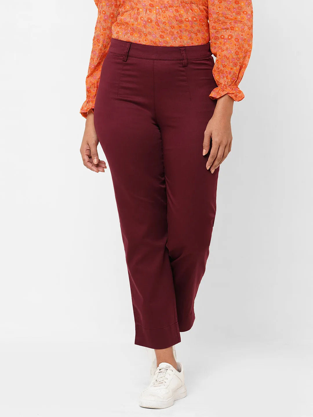 Women's Maroon/Red Cotton Lycra Regular Fit Pant